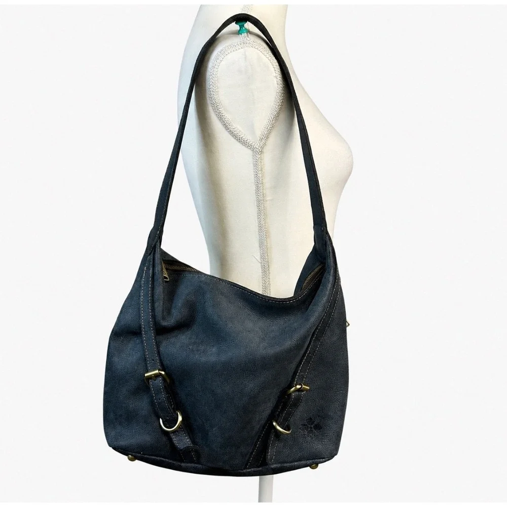 Patricia Nash Leather Hobo‎ Shoulder Bag Slouchy Buckle Straps Textured Blue